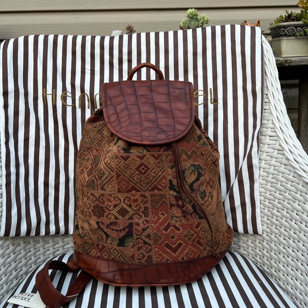 Henri Bendel Vintage Drawstring Croc-embossed Tapestry Backpack